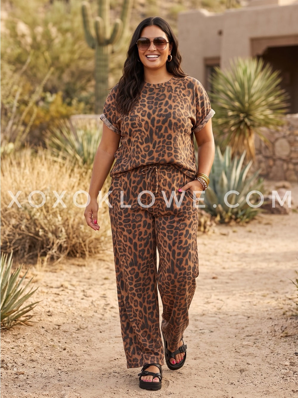 Cheetah Print Wide Leg 2 Piece Matching Pants Set | Animal Print Lounge - Picture 3 of 10